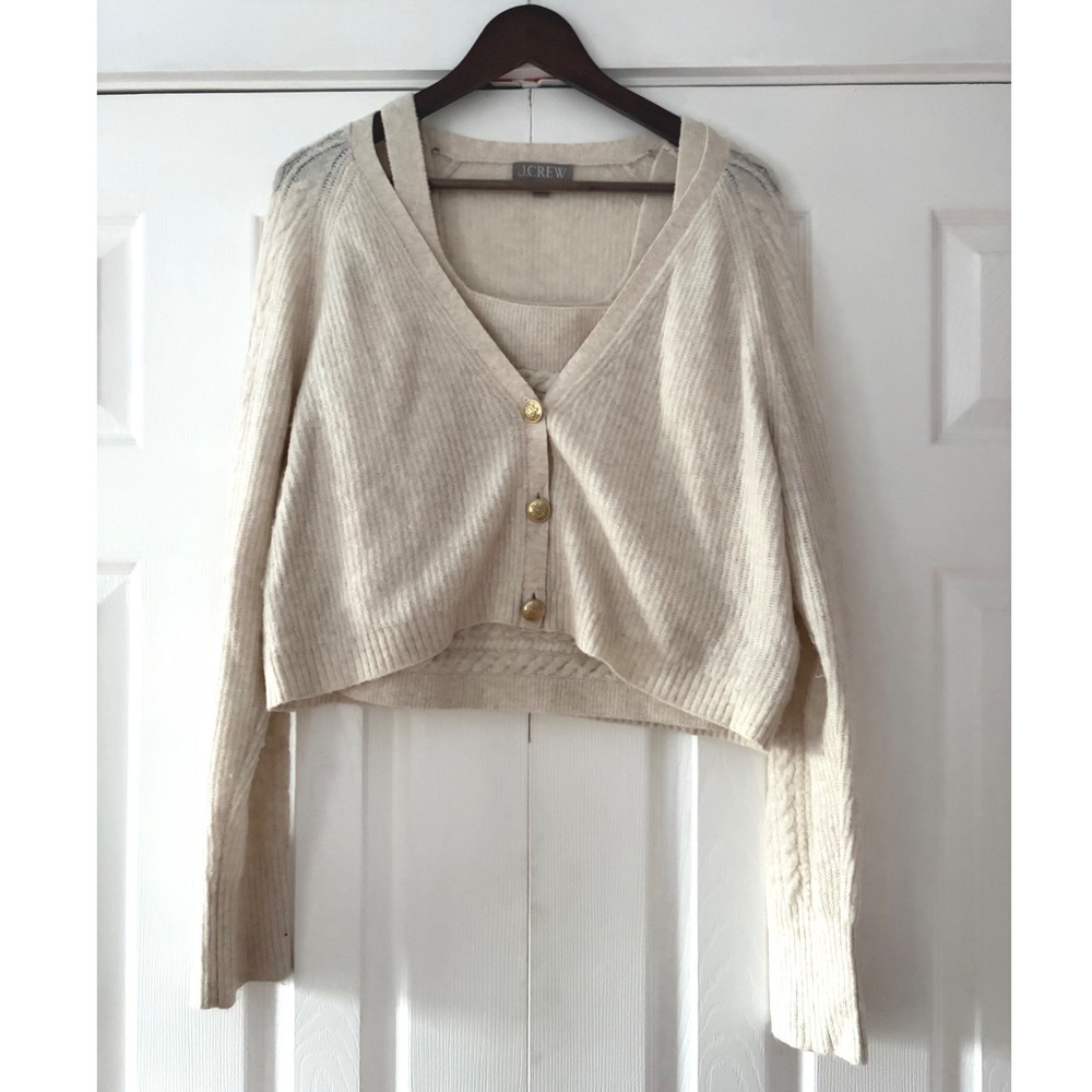 J.Crew Cream Cropped Cardigan and Camisole Set Gold Buttons Size L